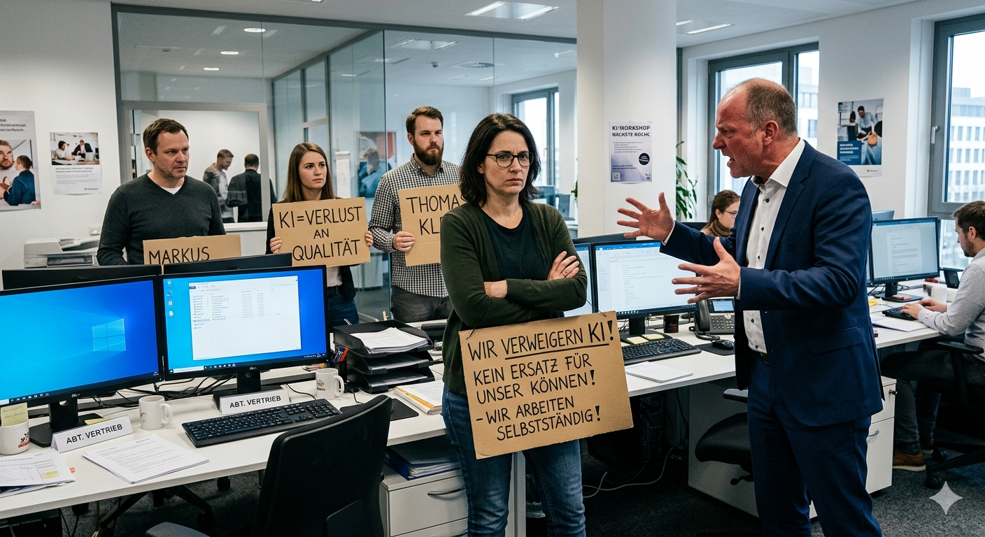 Büroangestellte halten Protestschilder gegen KI-Einführung im Großraumbüro