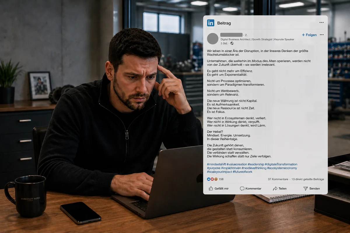 Werkstattinhaber liest verwirrt eine LinkedIn-Nachricht am Laptop – umgeben von konkreten Werkzeug und Ersatzteilen