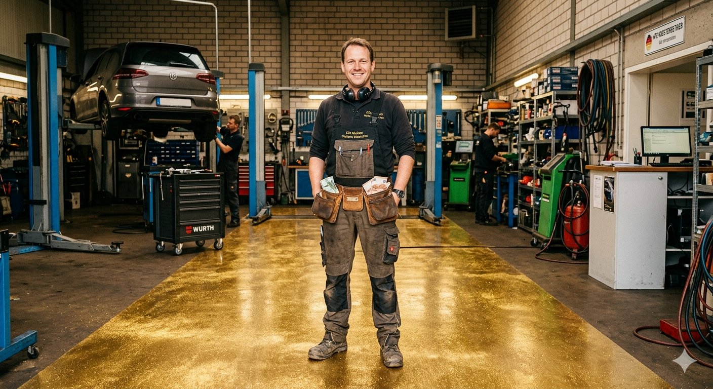Werkstattinhaber steht in seiner spezialisierten Kfz-Werkstatt – der goldene Boden gehört denen, die ihren Betrieb aktiv gestalten.