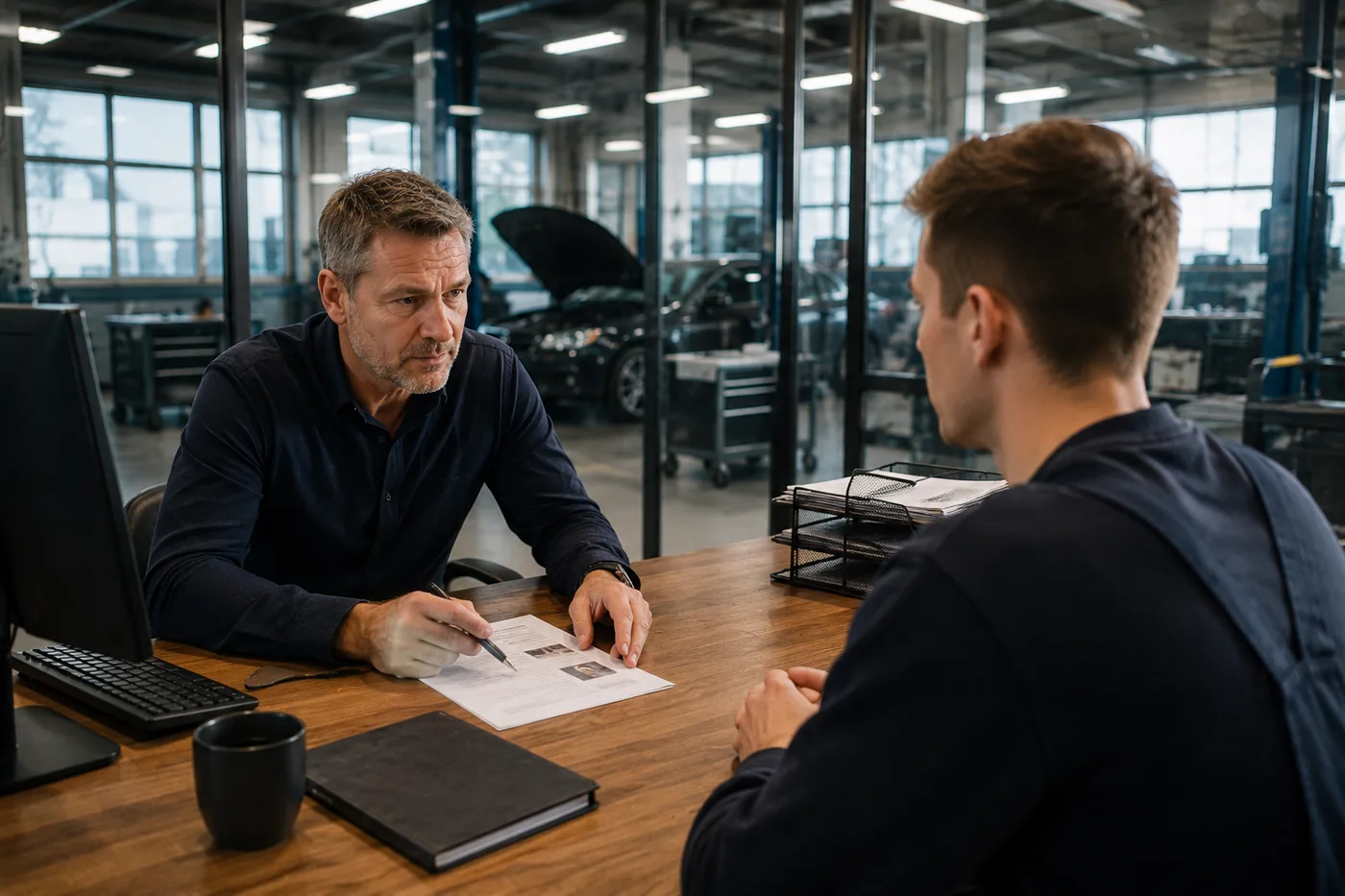 Werkstattinhaber im Bewerbungsgespräch mit einem jungen Bewerber