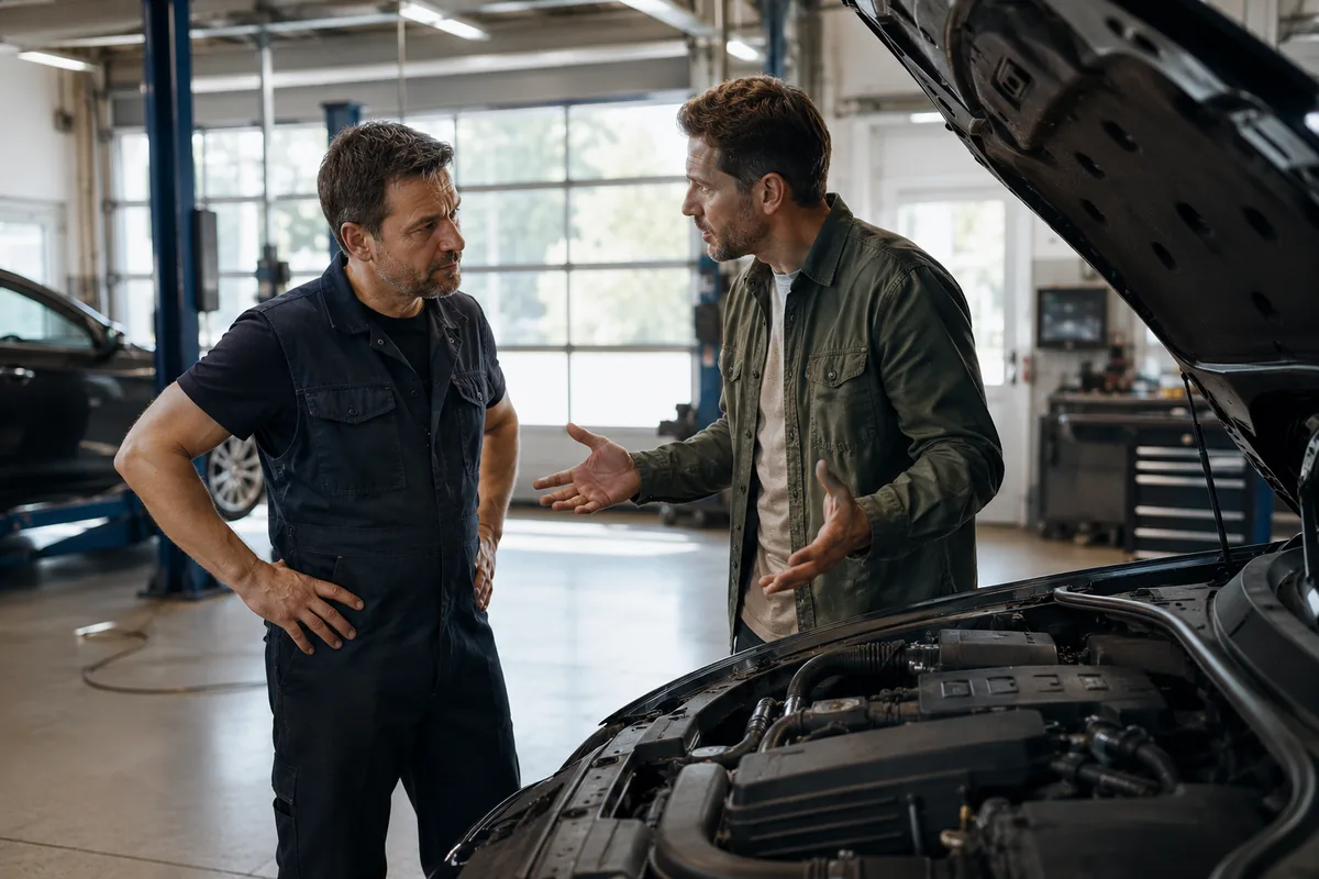 Werkstattinhaber und Kunde diskutieren am offenen Motorraum eines Fahrzeugs in einer Kfz-Werkstatt