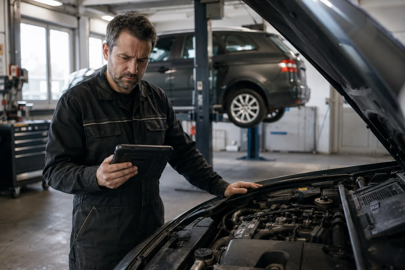 Kfz-Mechaniker mit Diagnose-Tablet am offenen Motorraum, im Hintergrund ein Fahrzeug auf der Hebebühne