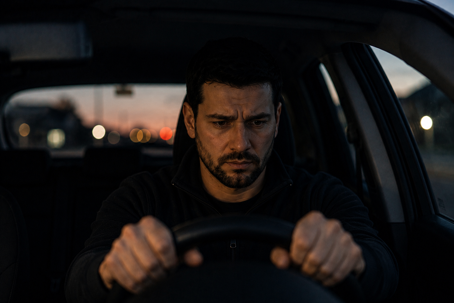 Mann sitzt nachdenklich am Lenkrad eines Autos in der Abenddämmerung