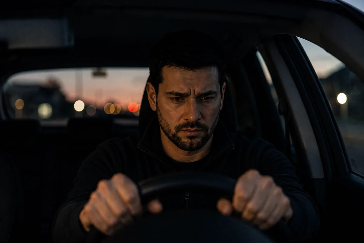 Mann sitzt nachdenklich am Lenkrad eines Autos in der Abenddämmerung