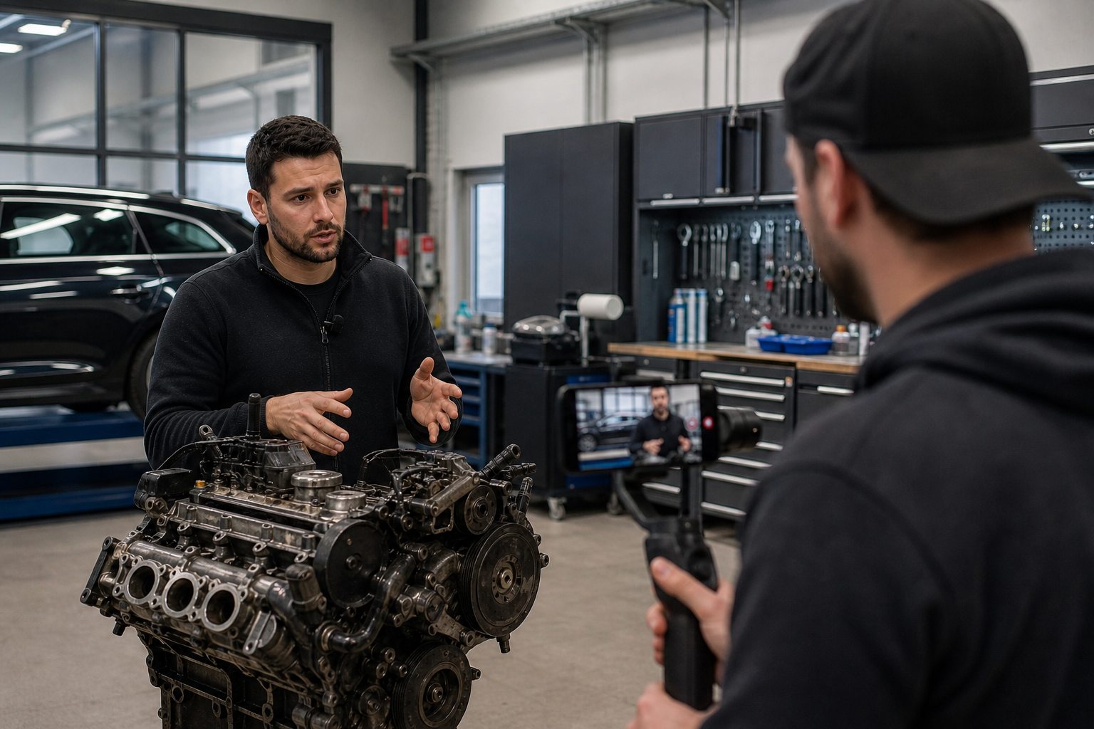 Werkstattinhaber vor seinem Betrieb erklärt ein Fahrzeugproblem auf YouTube – so entsteht echte Kundenbindung