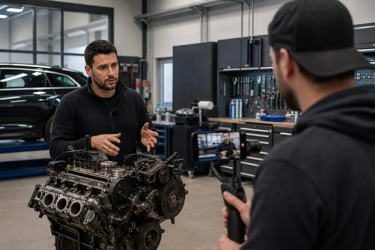 Werkstattinhaber vor seinem Betrieb erklärt ein Fahrzeugproblem auf YouTube – so entsteht echte Kundenbindung