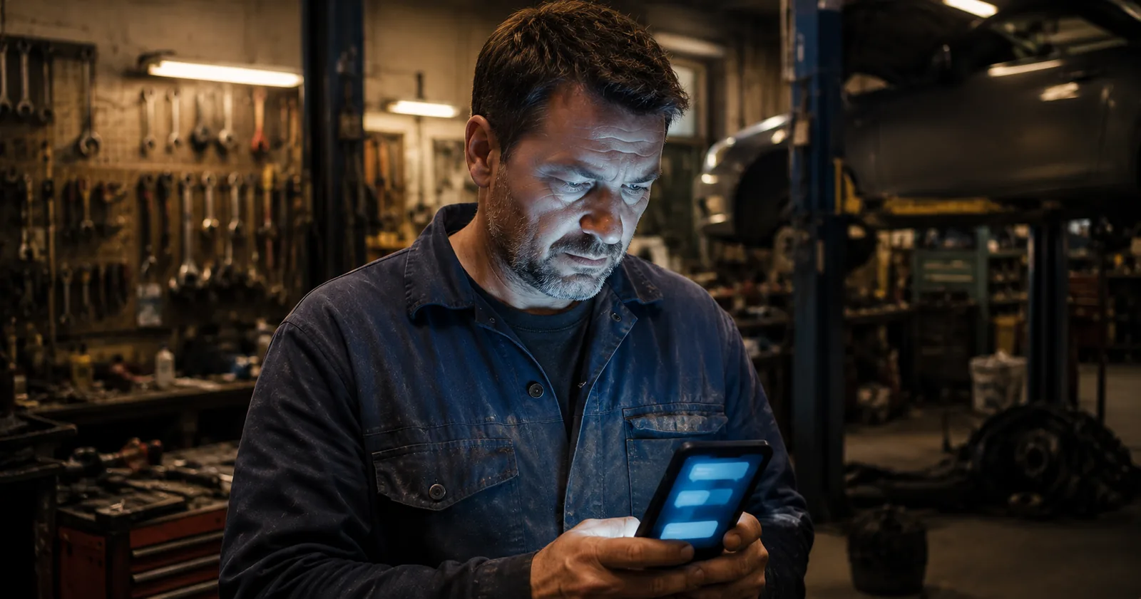 Kfz-Werkstattinhaber schaut in seiner Werkstatt auf ein Smartphone mit einer angedeuteten KI-Antwort auf dem Display