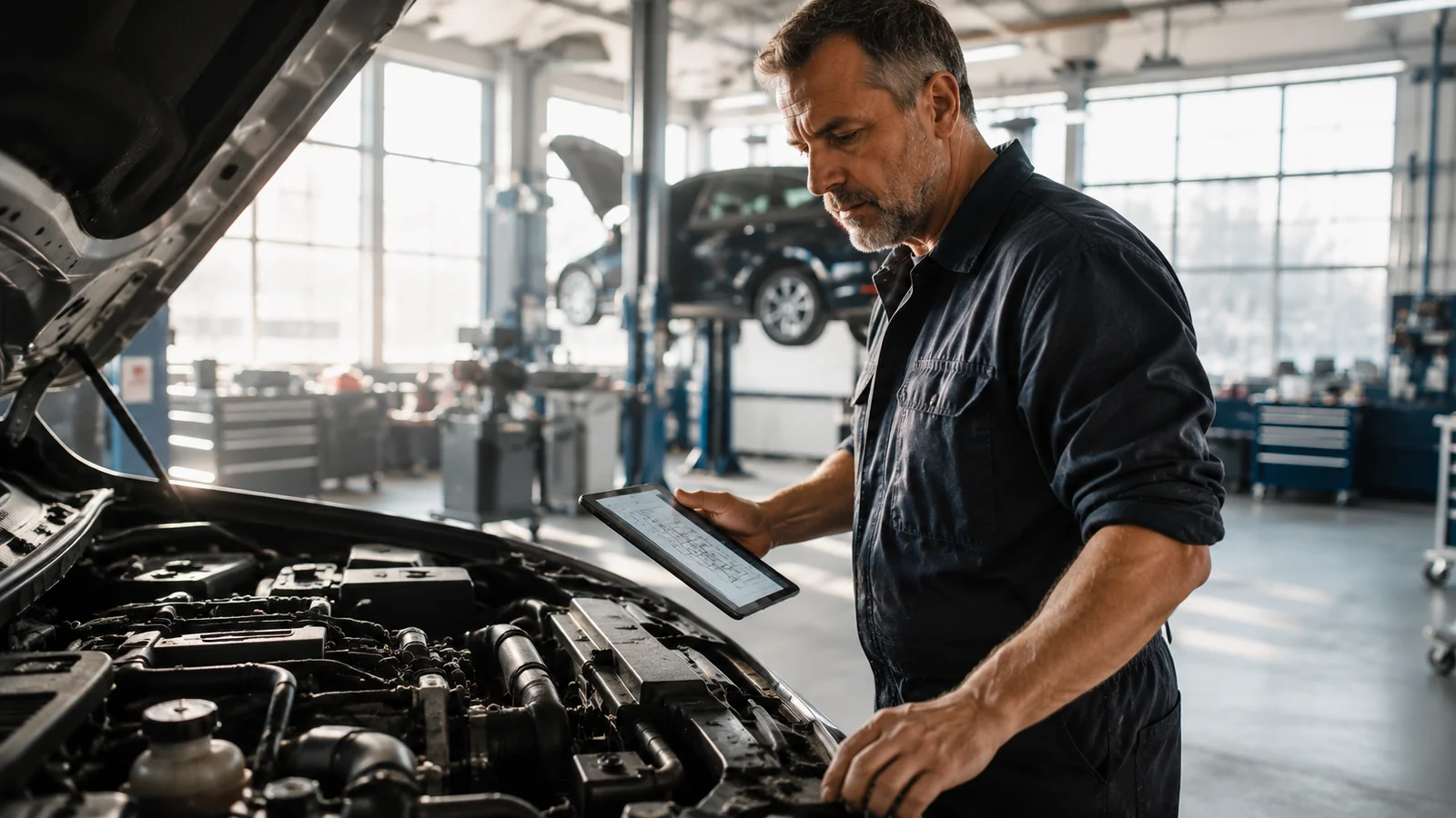 Erfahrener Kfz-Mechaniker vergleicht am offenen Motorraum einen Schaltplan auf dem Diagnose-Tablet mit dem realen Fahrzeug
