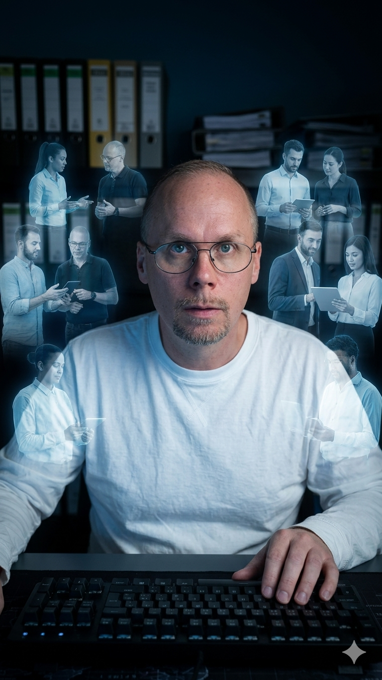 Eine Person sitzt an einer Tastatur, hinter ihr ein imaginäres Team von Mitarbeitern